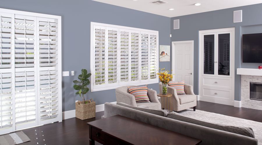 Faux Wood Shutters In blue Southern California Living Room